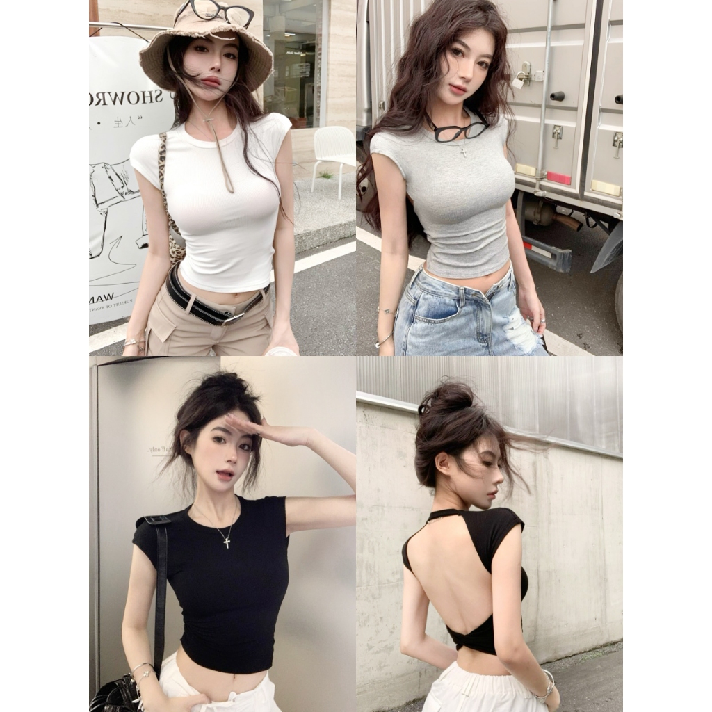เสื้อครอป เสื้อยืดสีพื้น ทรงเข้ารูป ไหล่ตรง ผ้ายืดได้#2333