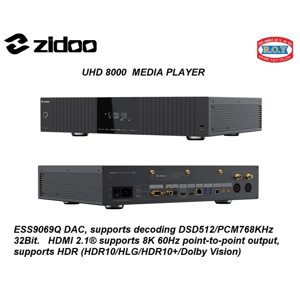 ZIDOO  UHD 8000  MEDIAP LAYER    ESS9069Q DAC, supports decoding DSD512/PCM768KHz 32Bit.
