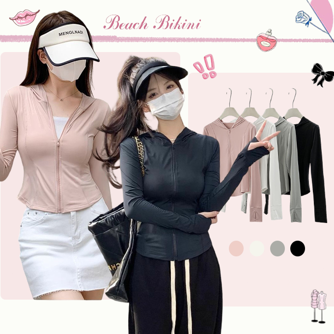 🌸Beach Bikini🌸เสื้อกันแดดผู้หญิง เสื้อแขนยาวกันแดด มีฮู้ด ยืดหยุ่นและเข้ารูปสวยงาม สีทึบ ใหม่ summer