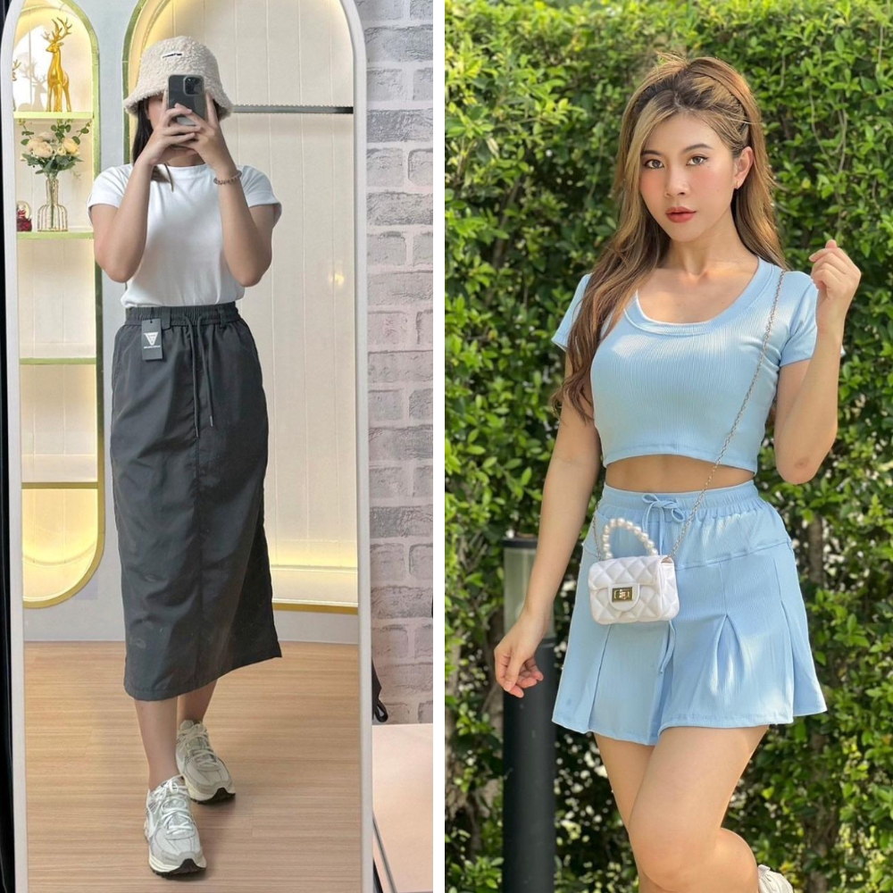 [ล้างสต๊อก] พร้อมส่ง ชุดเซ็ท & เสื้อยืดครอปสั้น เสื้อคอเหลี่ยม เเม๊กซี่เดรสยาว เสื้อครอปทรงผีเสื้อ