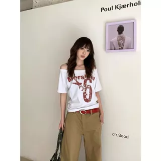 เสื้อยืดบาง เสื้อยืดปาดใหล่ คอกว้าง พิมพ์ลาย เนื้อผ้านิ่ม#92320