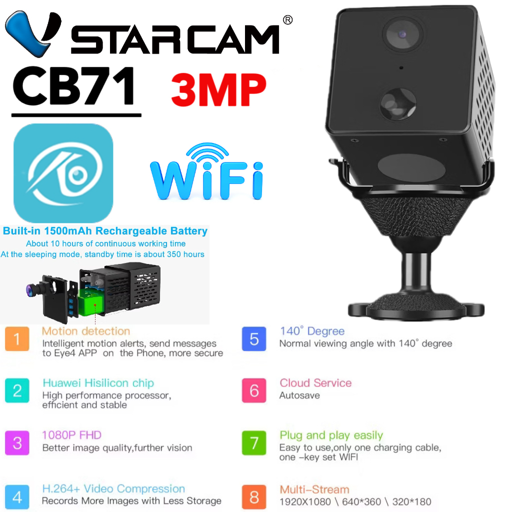 กล้องจิ๋ว Vstarcam รุ่น CB71 กล้องวงจรปิด ตัวเล็กพกพาได้ ใช้ WIFI 2.4G มีแบตเตอรี่ในตัว ความคมชัด 3 ล้านพิกเซล
