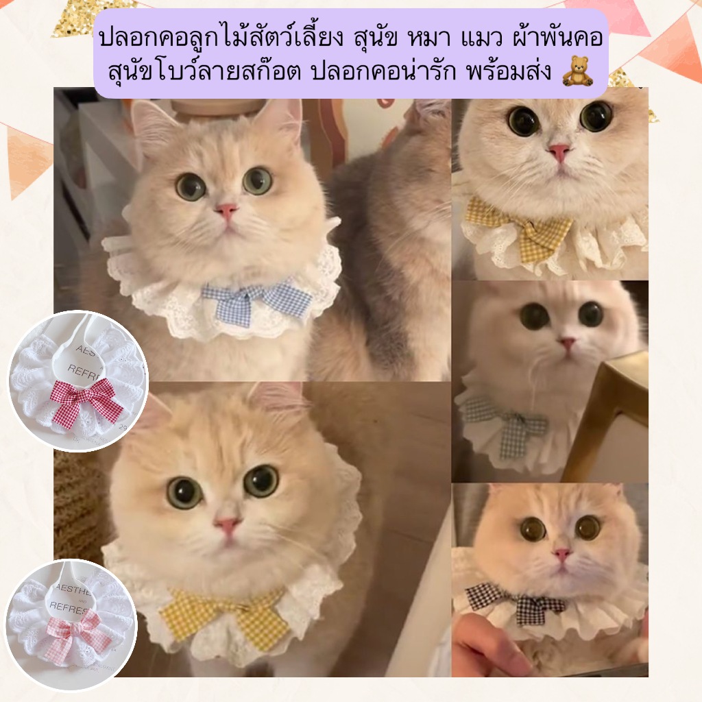 AL-1338 ปลอกคอลูกไม้สัตว์เลี้ยง สุนัข หมา แมว ผ้าพันคอสุนัขโบว์ลายสก๊อต ปลอกคอน่ารัก พร้อมส่ง 🧸