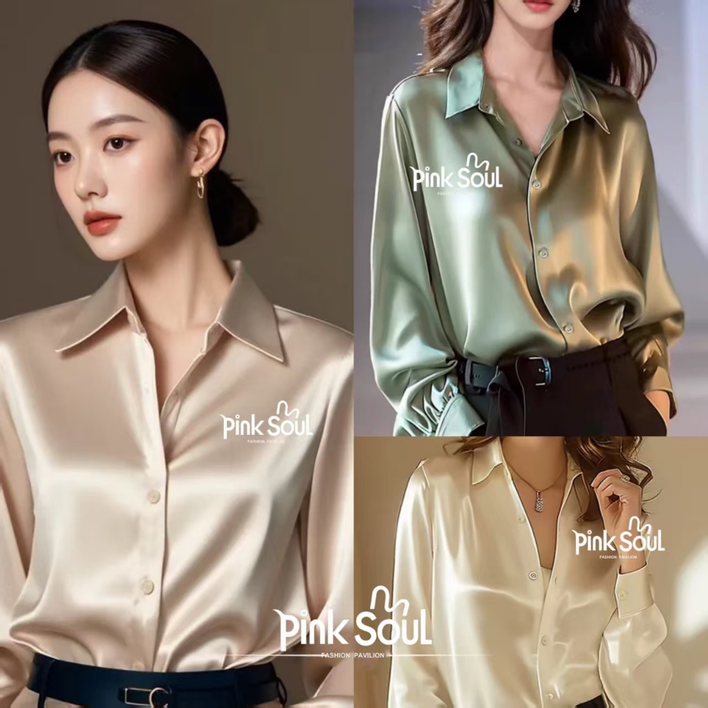 พร้อมส่ง เสื้อเชิ้ต แขนยาว คอปก ผ้าซาติน ลื่นๆ ใส่สบายมาก ดีไซน์เว้าเอว ทรงสวยเก๋มาก แมทซ์ได้กับทุกลุคทุกสไตล์