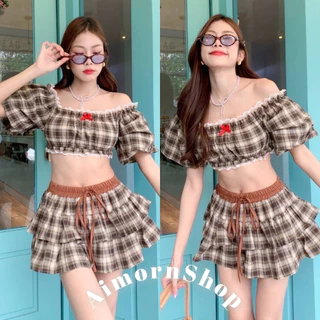 🔥aimorn_shop🔥เสื้อครอป แขนบอลลูน ลายสก็อต แต่งโบว์แต่งขอบลูกไม้สวยแซ่บสุดๆ