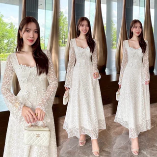 S-XXL ชุดเดรสลูกไม้แขนยาว สีขาว/ชมพู/ฟ้า/ดำ ใส่ออกงาน, ทำบุญ ไปงานแต่งงาน งานบวช #Alicia #Abigail