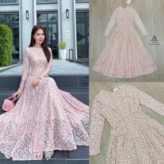 S-XXL ชุดเดรสลูกไม้แขนยาว สีขาว/ชมพู/ฟ้า/ดำ ใส่ออกงาน, ทำบุญ ไปงานแต่งงาน งานบวช #Alicia #Abigail