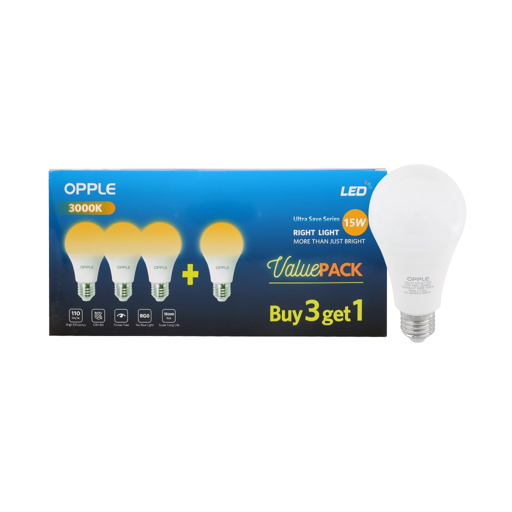 หลอดไฟ LED E27 15W Warm White OPPLE รุ่น U1 A70 E27 15W (แพ็ก 4 หลอด)