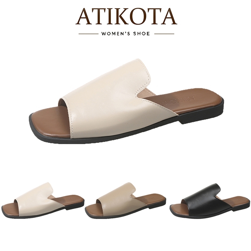 Atikota รองเท้าแตะส้นแบนสำหรับผู้หญิง แฟชั่นแบบเปิดหัว สวมใส่สบาย ไม่ลื่น รองเท้าแตะอเนกประสงค์