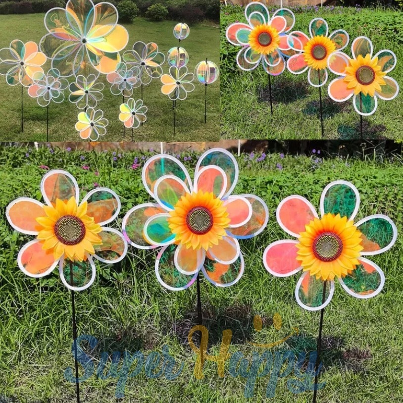 กังหันลมใส สีรุ้ง สะท้อนแสง หมุนได้จริง / กังหันทานตะวัน ของตกแต่งสวน หน้าบ้าน ระเบียง