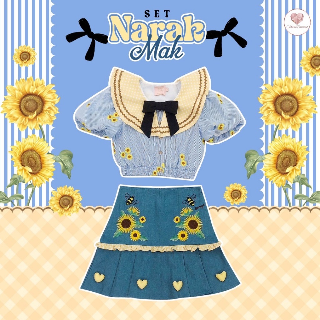 (มี2XL) Maria Diamond สีฟ้า Narak Mak Set เซ็ต 2 ชิ้น เสื้อกระดุมหน้าผ้าคอตตอนปัก + กระโปรงยีนส์ปักซ
