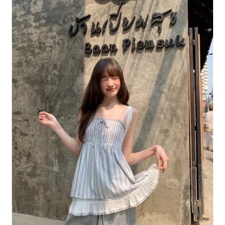 ส่งทันทีCici (NO. Y6325) เสื้อสายเดี่ยวสม็อครอบตัว ดีเทลลายริ้วตัวยาว สายปรับได้ แต่งเลเยอร์ 2 ชั้น สไตล์สาวหวานเกาหลี