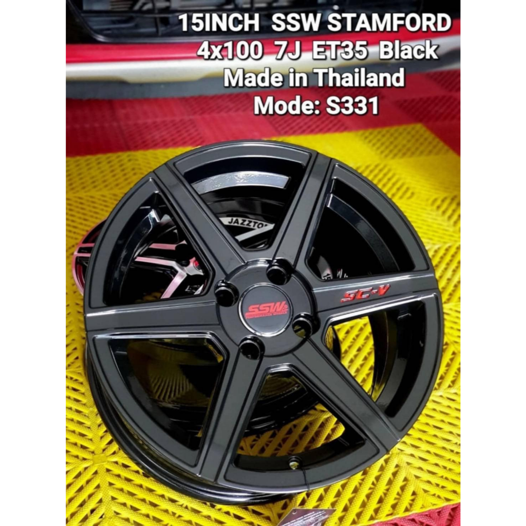 ล้อแม็กขอบ15 รถเก๋ง 4รู100 15x7.0 ET+35 [ราคา4วง] Made in Thailand ล้อแท้ SSW S331 สีดำตัวหนังสือแดง