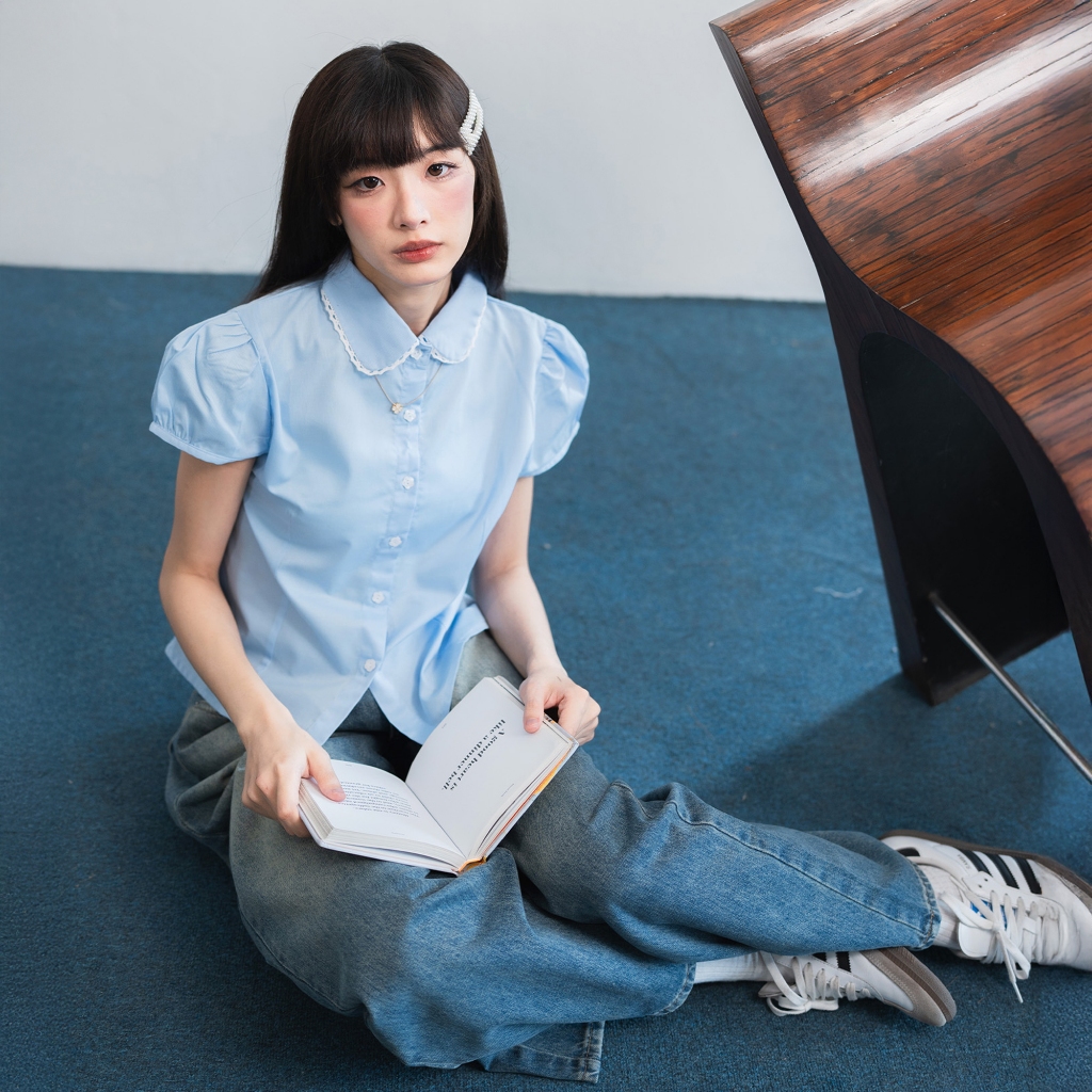 Neko_Sp083 เสื้อเชิ้ตคอบัว แขนตุ๊กตา ผูกหลัง ทรงเข้ารูป ลุคหวาน เรียบร้อย ใส่ทำงาน/ออกเดต - รูปที่ 3