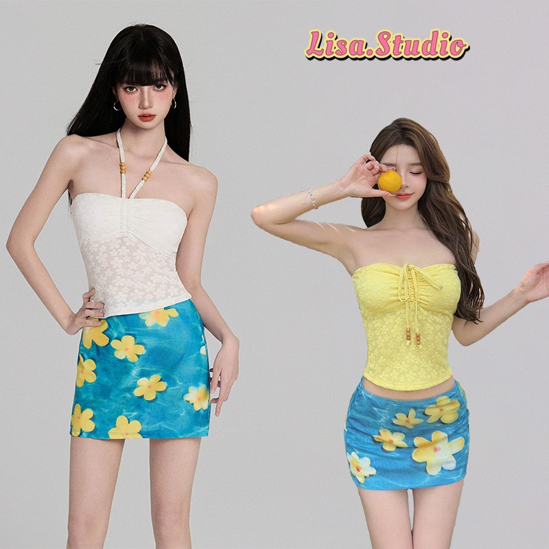 Lisa พร้อมส่ง🏖️✨ชุดชายหาด ชุด2ชิ้น ชุดสาวแฟชั่นY2K คุณหนู เสื้อเกาะอกผูกคอ+กระโปรงสั้นลายดอกไม้ ชุดไปทะเล สไตล์เวียดนาม
