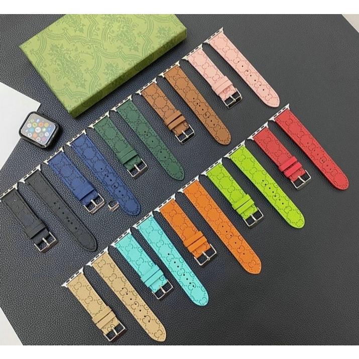 รุ่นใหม่ พร้อมส่งจากไทย สายหนัง PU สีชมพูปั๊มลาย  LV GC ใช้ได้กับ Smart Watch 7 6 5 4 3 2 1 Se T500 X16 HW37