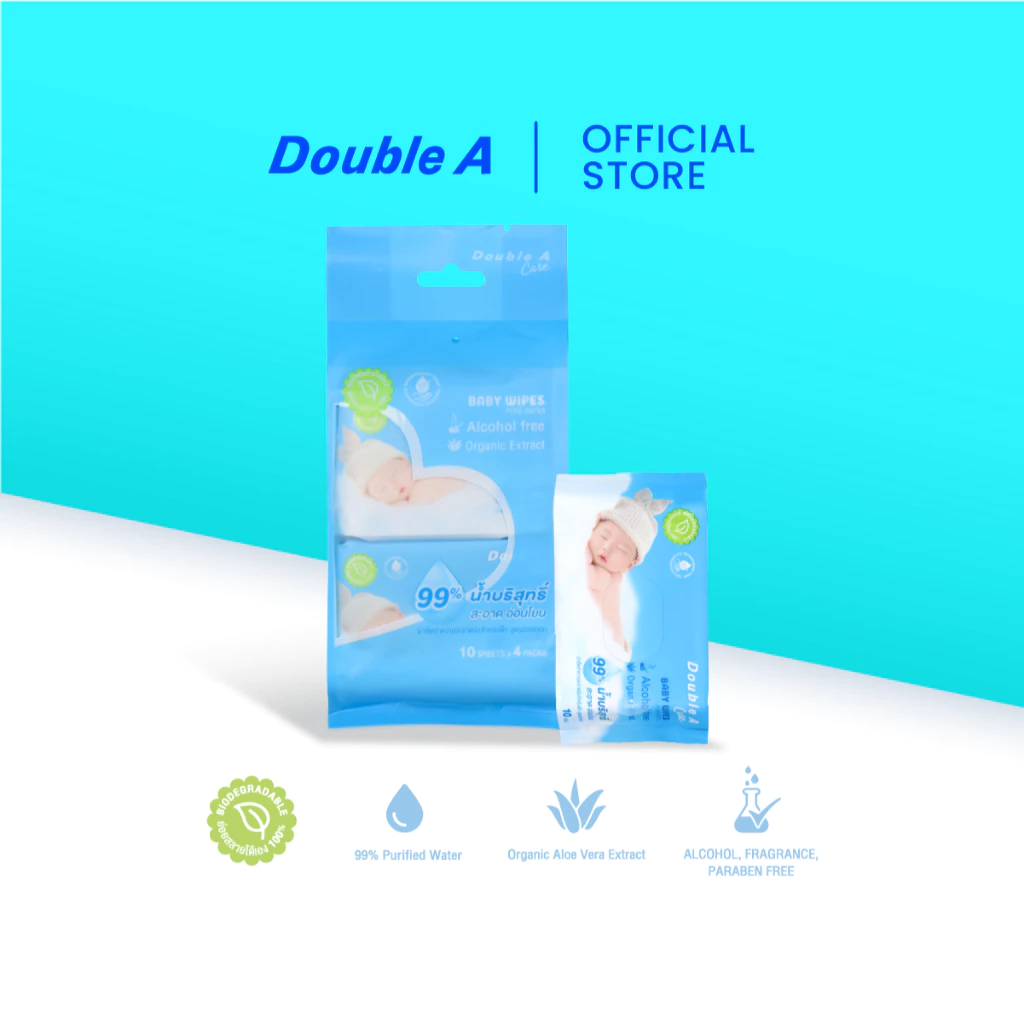Double A Care Baby Wipes Pure Water เบบี้ ไวพส์ เพียว วอเตอร์ บรรจุ 10 แผ่น/แพ็ก (แพ็ก 4) จำหน่าย 1 ห่อ