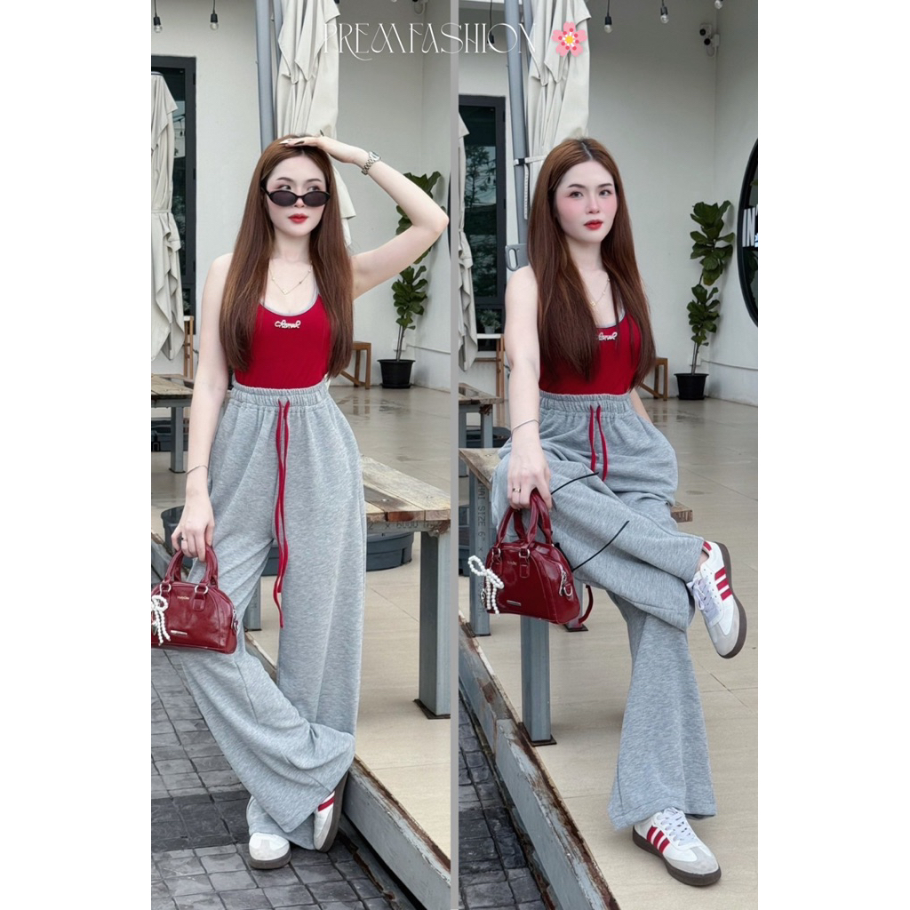 @PREM🌸ชุดเซต2ชิ้นฮอต🔥(แถมเข็มกลัดคละแบบ)❌พร้อมส่ง❌เสื้อคล้องคอสีแดงตัดขอบสุดเก๋ ❤️กางเกงขากระบอก