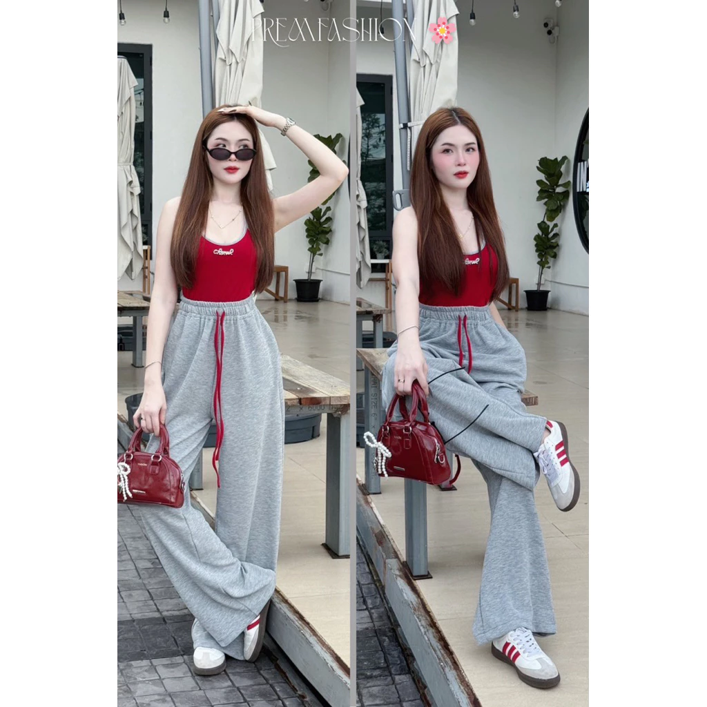 @PREM🌸ชุดเซต2ชิ้นฮอต🔥(แถมเข็มกลัดคละแบบ)❌พร้อมส่ง❌เสื้อคล้องคอสีแดงตัดขอบสุดเก๋ ❤️กางเกงขากระบอก