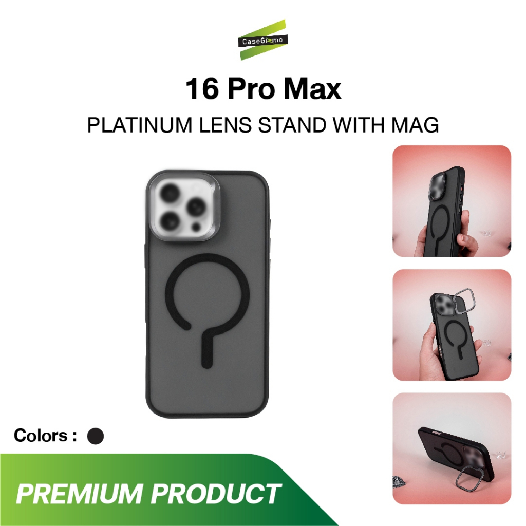 Gizmo รุ่น 16 PM เคสแมท เคสพร้อมขาตั้ง เคสชาร์จได้ เคสกันกระแทก เคส สีดำ Platinum Lens Stand Mag Cas