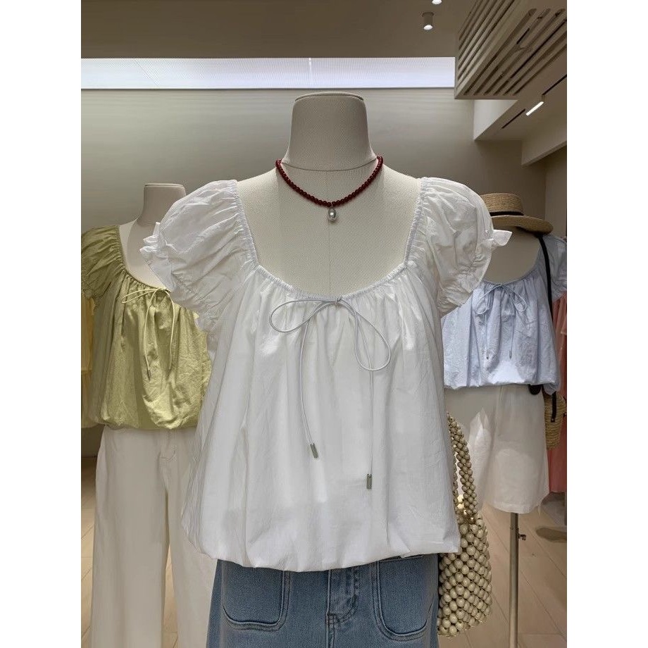 LUNA~เวอร์ชั่นเกาหลี ปลอกคอสแควร์ ผูกขึ้น แขนสั้น เสื้อเชิ้ต สไตล์ใหม่ สไตล์หวาน - รูปที่ 4