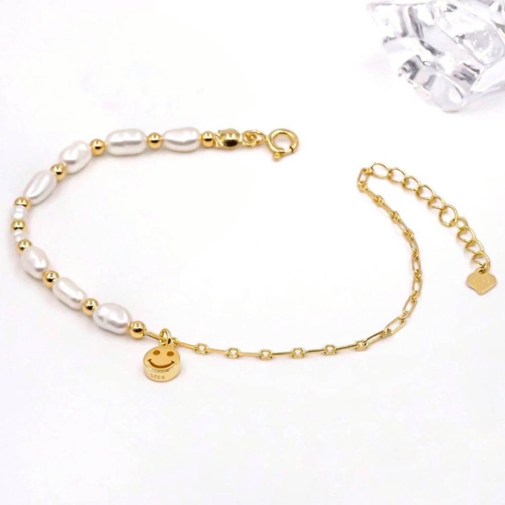 สร้อยข้อมือเงินแท้ 92.5% ชุบทอง18k Mother of pearl (มุกแท้) ขนาด 3.8 mm.