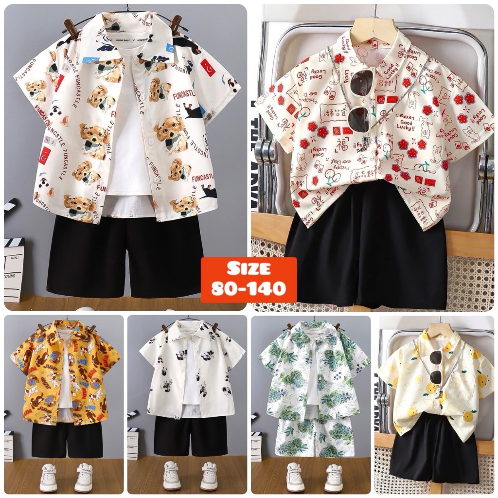 เสื้อเชิ้ตแขนสั้น+ กางเกงขาสั้นเด็กผู้ชาย เนื้อผ้านิ้มเบาใส่สบาย ไซส์ 80-140
