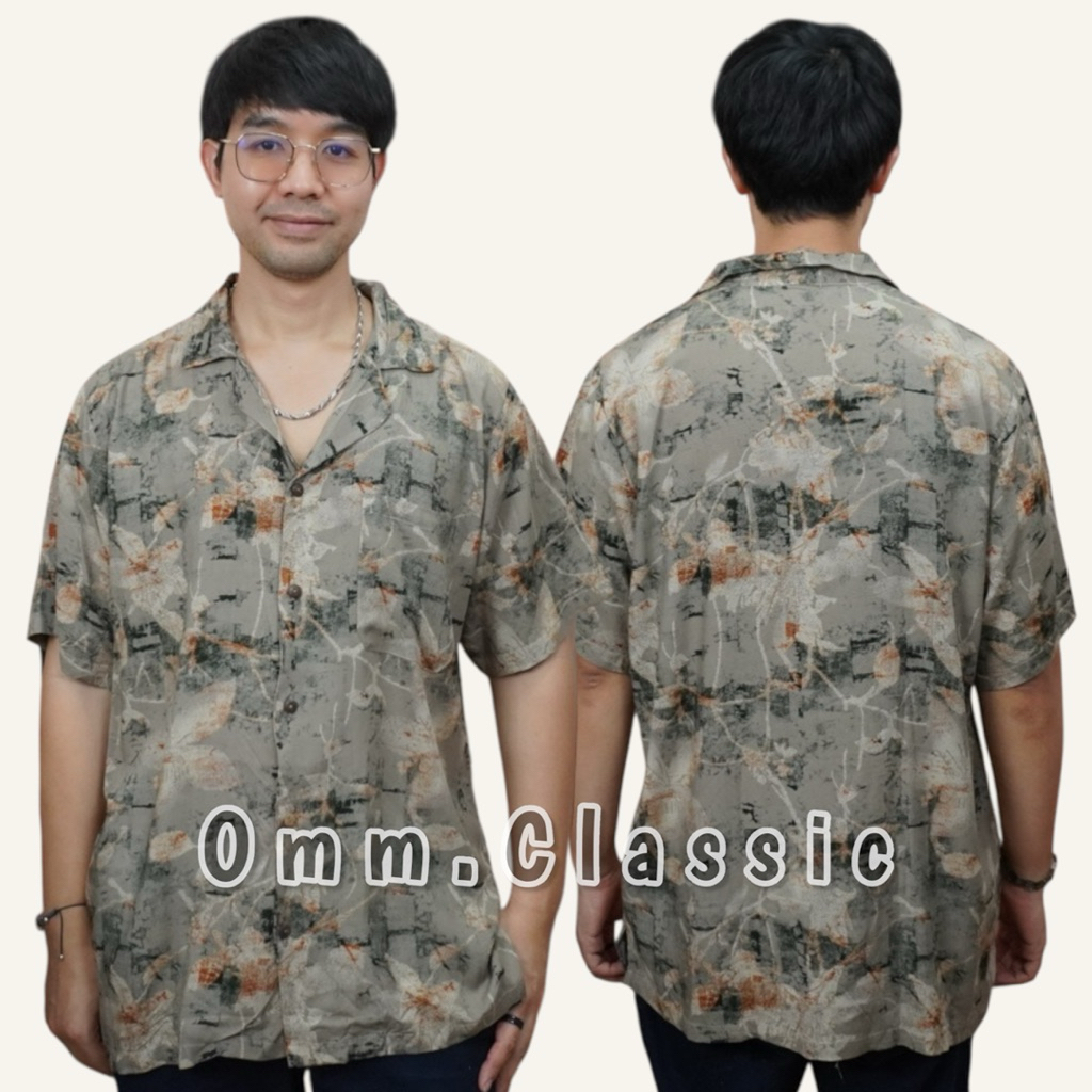 เสื้อฮาวายผ้านิ่ม(พรีเมี่ยมเรยอน)ลายกิ่งไม้ขาว