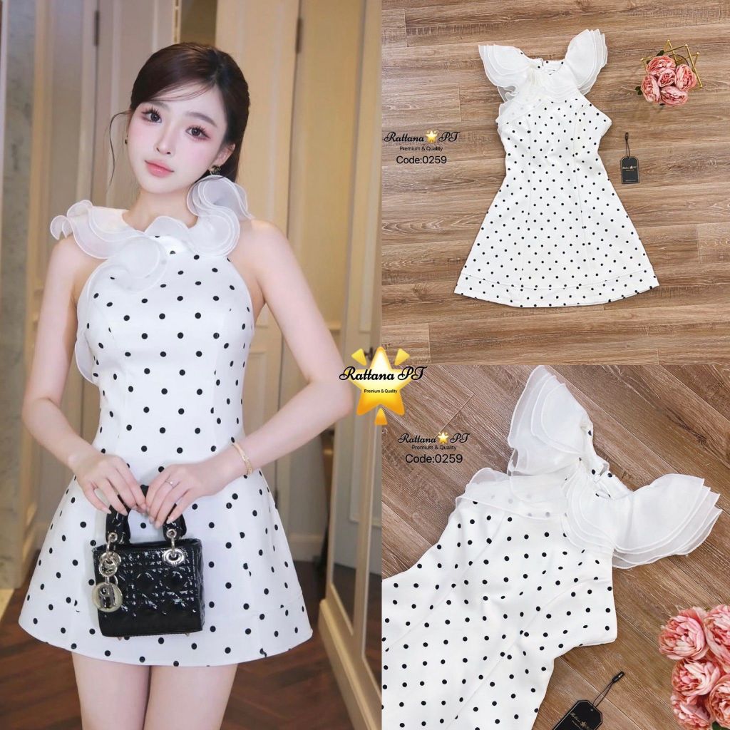 Rattana PT Brand RTN244 ชุดเดรสลายจุด แต่งระบายช่วงคอ