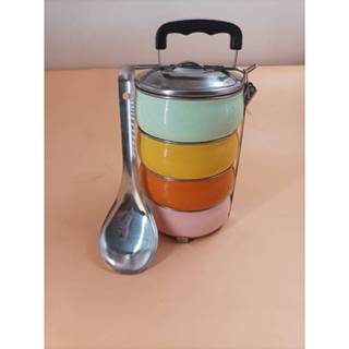 ปิ่นโตสแตนเลสทรงกลมเคลือบ 4ชั้น ขนาด 14 ซม. พร้อมทัพพีตักข้า…