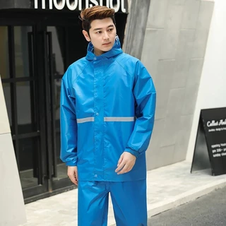 ชุดกันฝน สีกรมท่า มีแถบสะท้อนแสง New Alitech รุ่นหมวกติดเสื้อ Waterproof Rain Suitt เสื้อกันฝนมอเตอร์ไซค์ Split raincoat