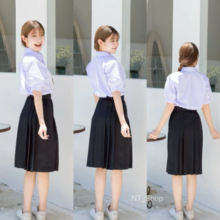 ✨กระโปรงนักเรียนม.ต้น/ม.ปลาย(ผ้ามันดีวาย)ทรงแคบ”สีดำ“ตีเกร็ด5.5(มีบิลให้)