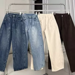 PTJ30271 Martine Line Barrel High-rise กางเกงยีนส์เอวสูงขากระบอกปักโลโก้ PROMTHONG