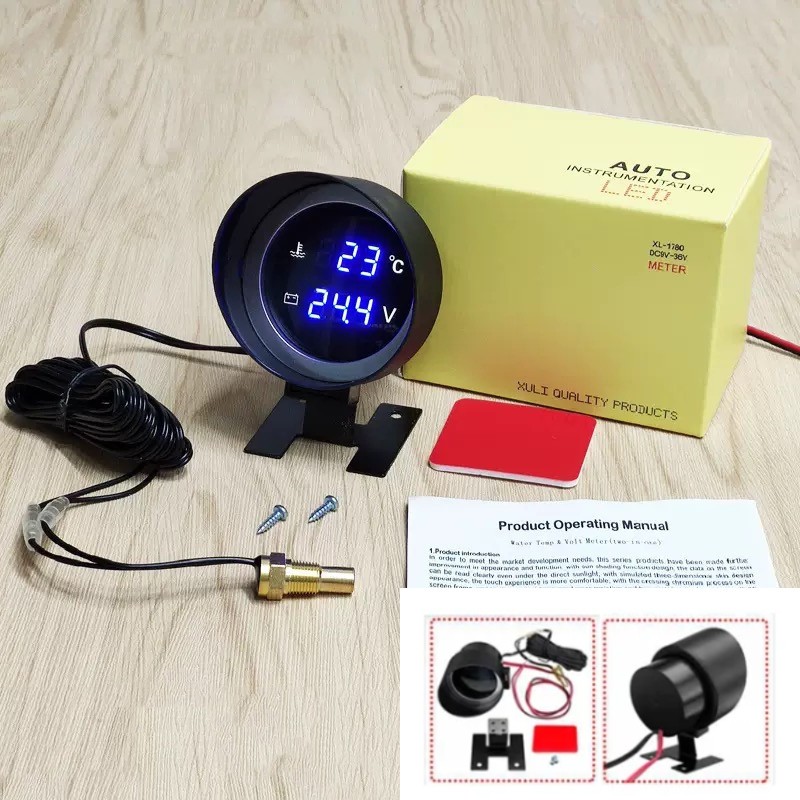 โวลต์มิเตอร์ เกจวัดความร้อน2 in 1LED 12V 24V เกจวัดอุณหภูมิรถยนต์ดิจิทัลทรงกลม มาตรวัดแรงดันไฟ รถน้ำวัดอุณหภูมิ