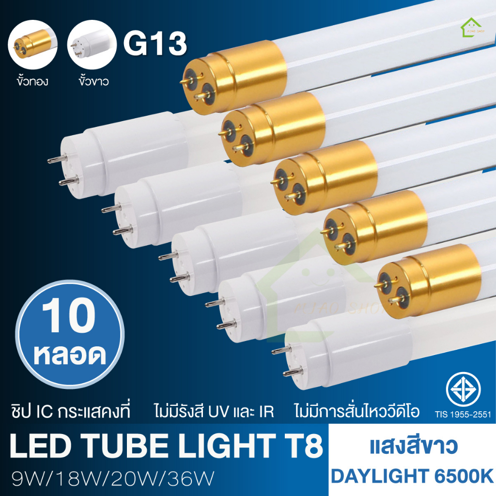(10หลอด)หลอดไฟ LED T8 9W 18W 20W 36W ขั้วขาว ขั้วทอง ความยาว 60CM 120CM Daylight 6500Kใช้งานไฟบ้าน A