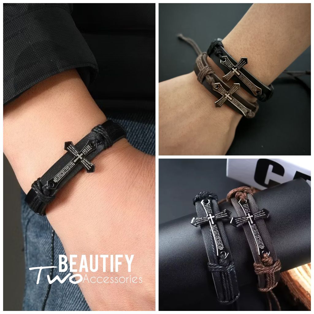 สร้อยข้อมือสไตล์พังค์หนังเทียม 2 สีฝังโลหะไม้กางเขนสไตล์ชาวคริสเตียน