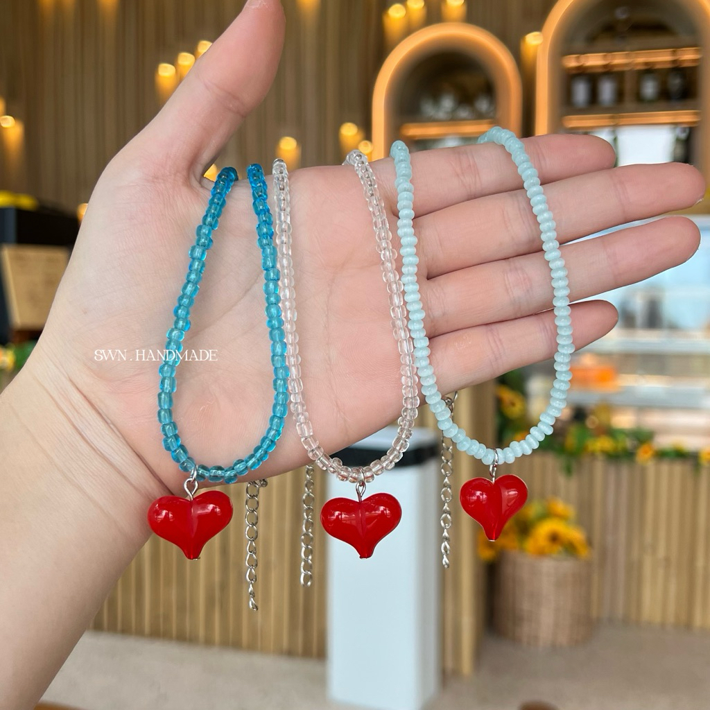 สร้อยคอลูกปัด จี้หัวใจ ❤️🩵🤍 (แฮนด์เมด100%)