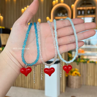 สร้อยคอลูกปัด จี้หัวใจ ❤️🩵🤍 (แฮนด์เมด100%)