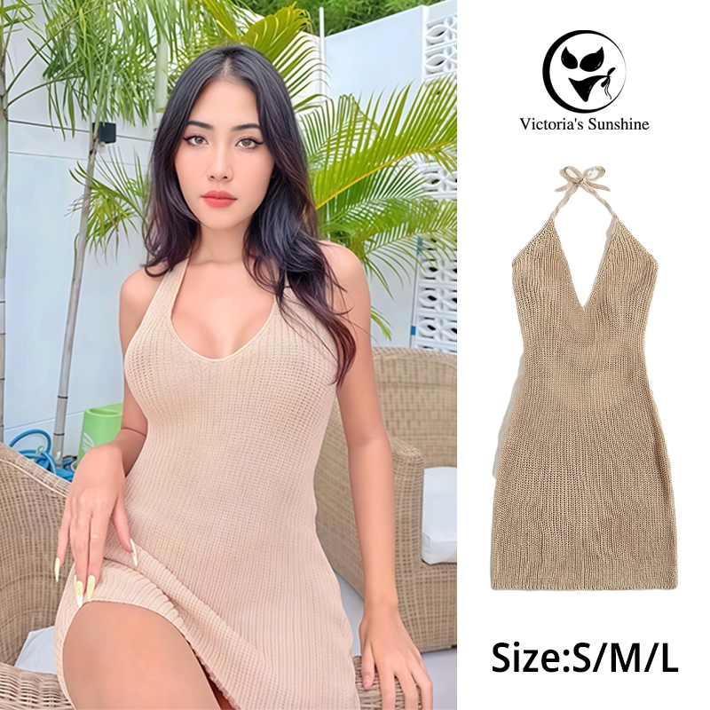 พร้อมส่ง ชุดคลุมชายหาดผูกคอ​ ชุดคลุมบิกินี่​ ผ้าขนสัตว์พรีเมี่ยม คอวีลึก โชว์หลัง