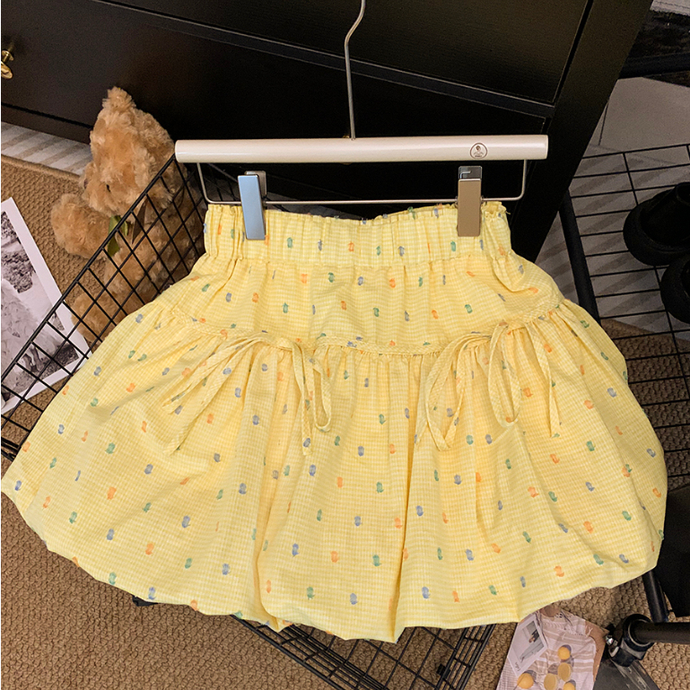 Miniyiness 2025 สีเหลือง ดอกไม้กางเกงขาสั้นกระโปรงผู้หญิงฤดูร้อนสไตล์ใหม่ Bowknot กระโปรงลายจุดผูกโบว์น่ารักสำหรับผู้หญิ