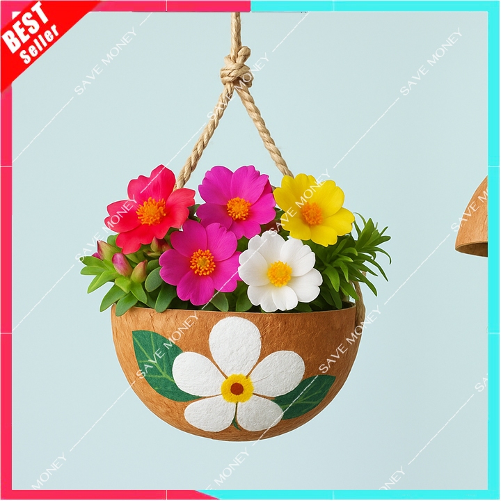 T014 กระถางกะลา ที่แขวนต้นไม้ กะลามะพร้าว โมบายกะลา handmade DIY