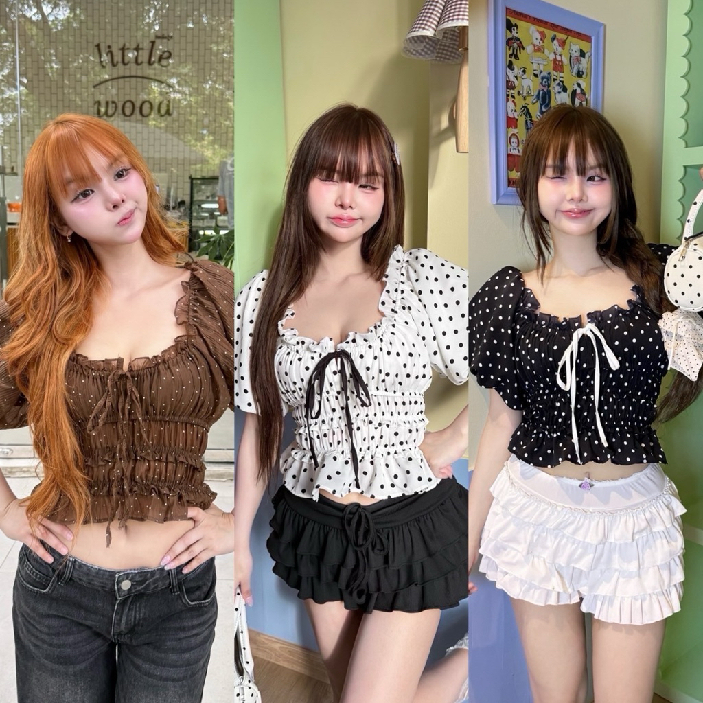 Petite♡︎ Rally top เสื้อแขนบอลลูน แขนพอง ผูกโบว์หน้า ลาย Polka dot
