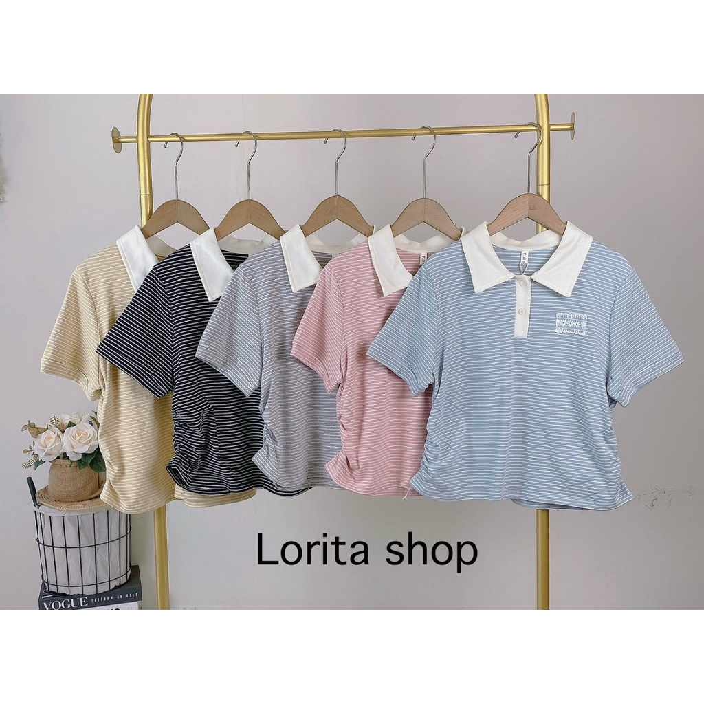 •Y8 Style• เสื้อยืดคอปกโปโล กระดุมด้านหน้า แต่งลูกไม้อกซ้าย ผ้า Cotton นุ่มเด้ง ใส่สบาย ลายทาง