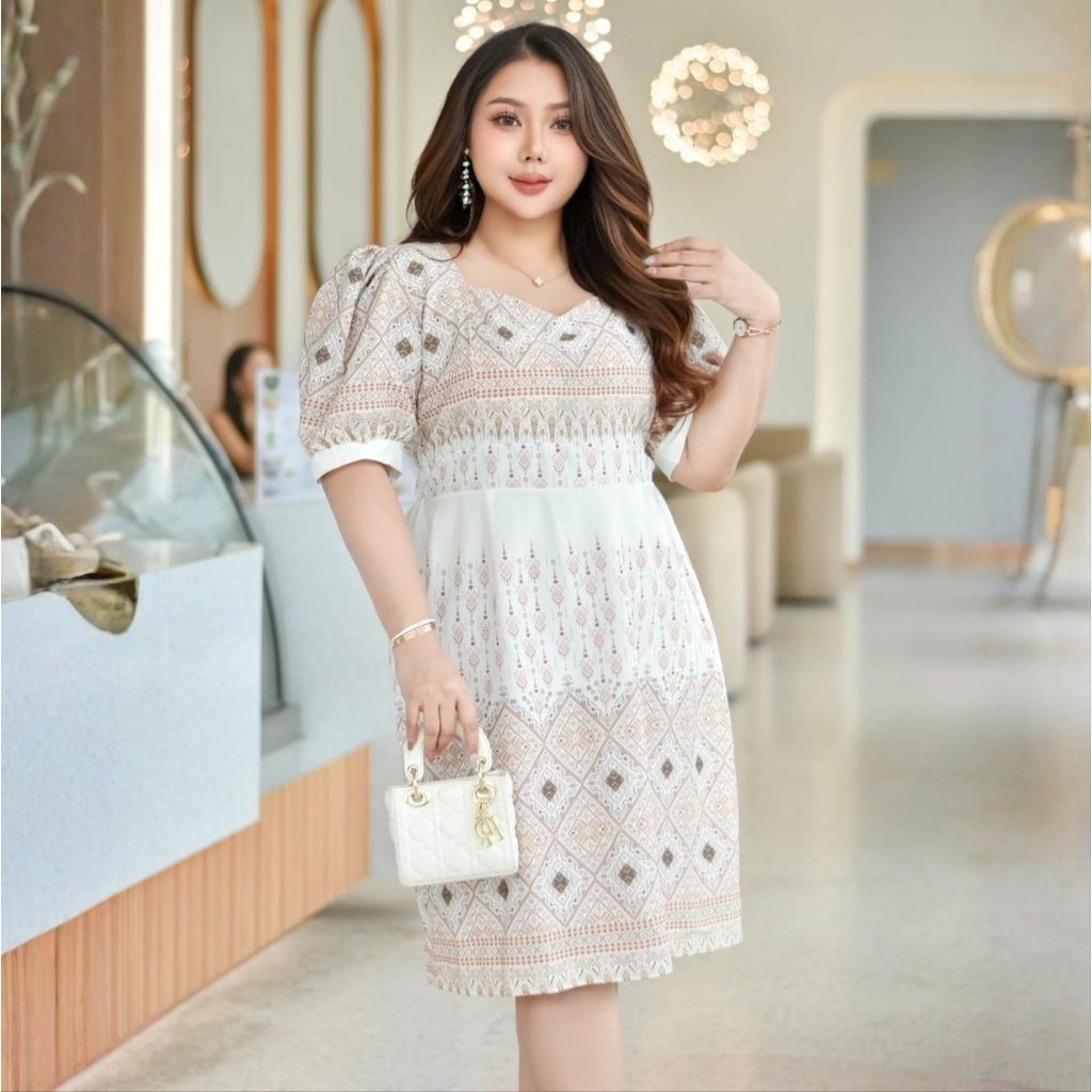 เดรสลายไทย อก42-60นิ้ว ไซส์ใหญ่ พิมพ์ลายไทย แขนตุ๊กตา ผ้าคลัช ยางยืดหลัง สีสวยมาก ชุดครู งานบุญ สาวอวบ MG25-0 - รูปที่ 6