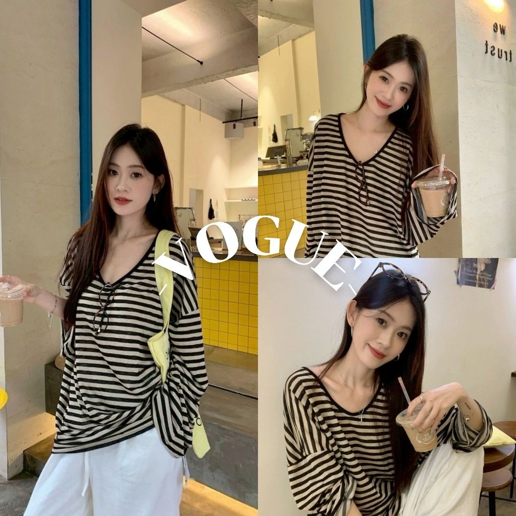 Vogue🌟พร้อมส่ง🌟 เสื้อยืดแขนยาว ลายทาง คอวี สีพื้น สไตล์เกาหลี ผ้านิ่ม (FY7804)