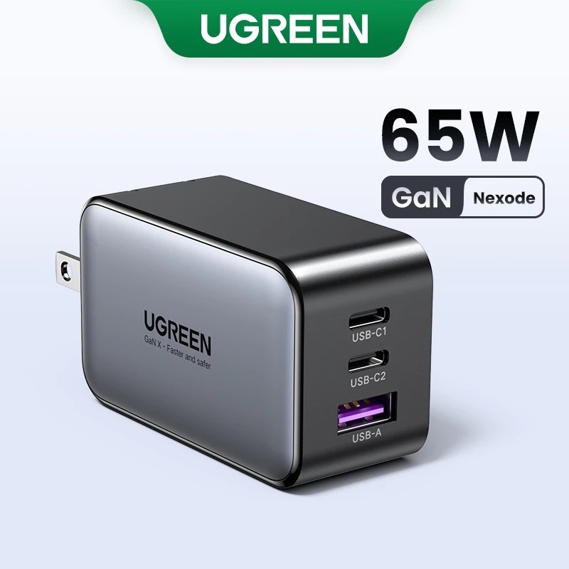 UGREEN หัวชาร์จเร็ว PD 65W GaN Tech 3 พอร์ต USB TYPE C หัวปลั๊กไฟ แบบพับได้ US Plug รุ่น CD244