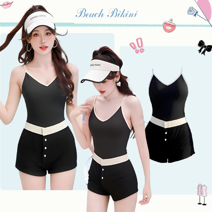 🌸Beach Bikini🌸ชุดว่ายน้ำ ชุดว่ายน้ำวันพีซ + กางเกงขาสั้น ขาวดำ ความเรียบง่าย แฟชั่น ใหม่ Beachwear