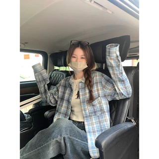 เสื้อเชิ้ตลายสก็อตสีน้ำเงินเทาคลาสสิกสำหรับผู้หญิง คาร์ดิแกนแขนยาว ทรงหลวม กระเป๋าหน้า สวมใส่ได้ทุกวัน