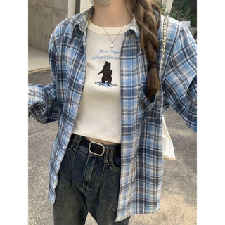 เสื้อเชิ้ตลายสก็อตสีน้ำเงินเทาคลาสสิกสำหรับผู้หญิง คาร์ดิแกนแขนยาว ทรงหลวม กระเป๋าหน้า สวมใส่ได้ทุกวัน