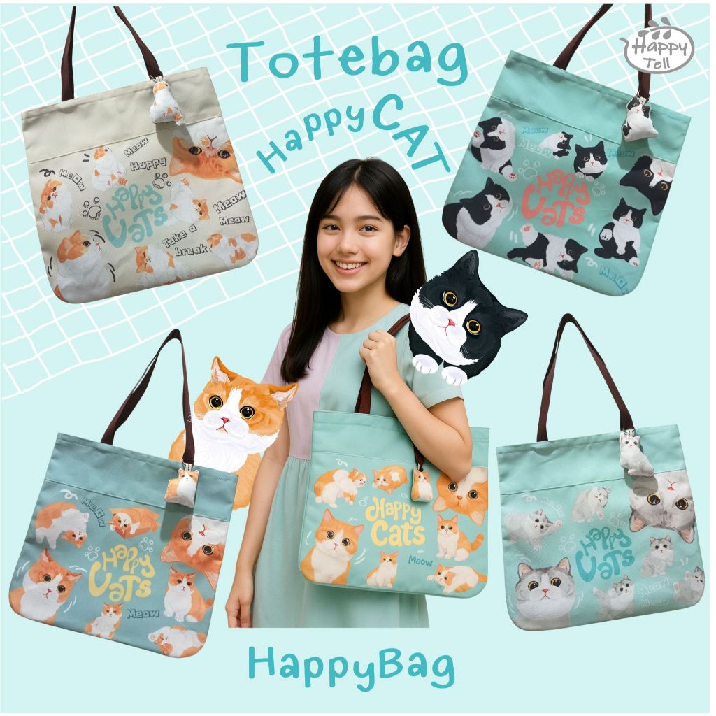 Happy Tell กระเป๋าสะพายข้าง ผ้าแคนวาส Shoulder bag ลายน้องแมวสุดน่ารัก set 4